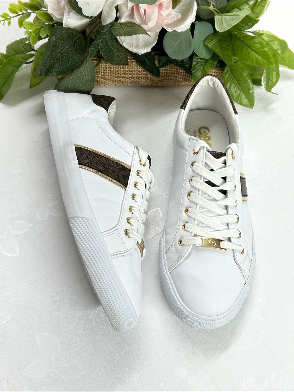GBG Los Angeles White Sneakers with Brown and Gold Accents